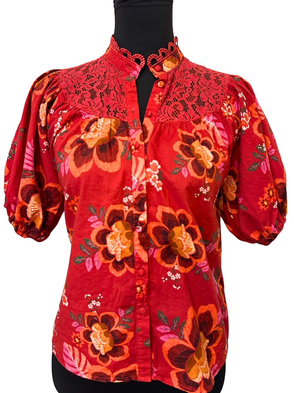 FARM Rio Women’s XS Floral Puff Sleeve Lace Button Blouse Red Boho Cottagecore - Picture 2 of 11